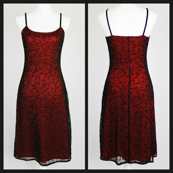Vintage Dresses & Skirts - VTG 90s Red/Black Velvet Mesh Goth Mini Dress M